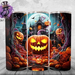 Halloween Tumbler Wrap Png, 20 oz Jack-O-Lantern Tumbler Background Design, Pumpkin Sublimation Graphics, Spooky Horror Instant Download