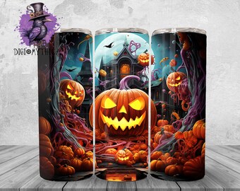 Halloween Tumbler Wrap Png, 20 oz Jack-O-Lantern Tumbler Background Design, Pumpkin Sublimation Graphics, Spooky Horror Instant Download