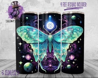 Moth Tumbler Wrap Png, 20 oz Luna Gothic Tumbler Background Design, Witchy Sublimation Graphic, Dark Cottagecore Instant Digital Download