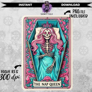 Fichier PNG de carte de tarot de la reine sieste, téléchargement de cartes de tarot PNG par sublimation, conception amusante Oracle pour les chemises tendance, sacs fourre-tout, autocollants et plus encore.