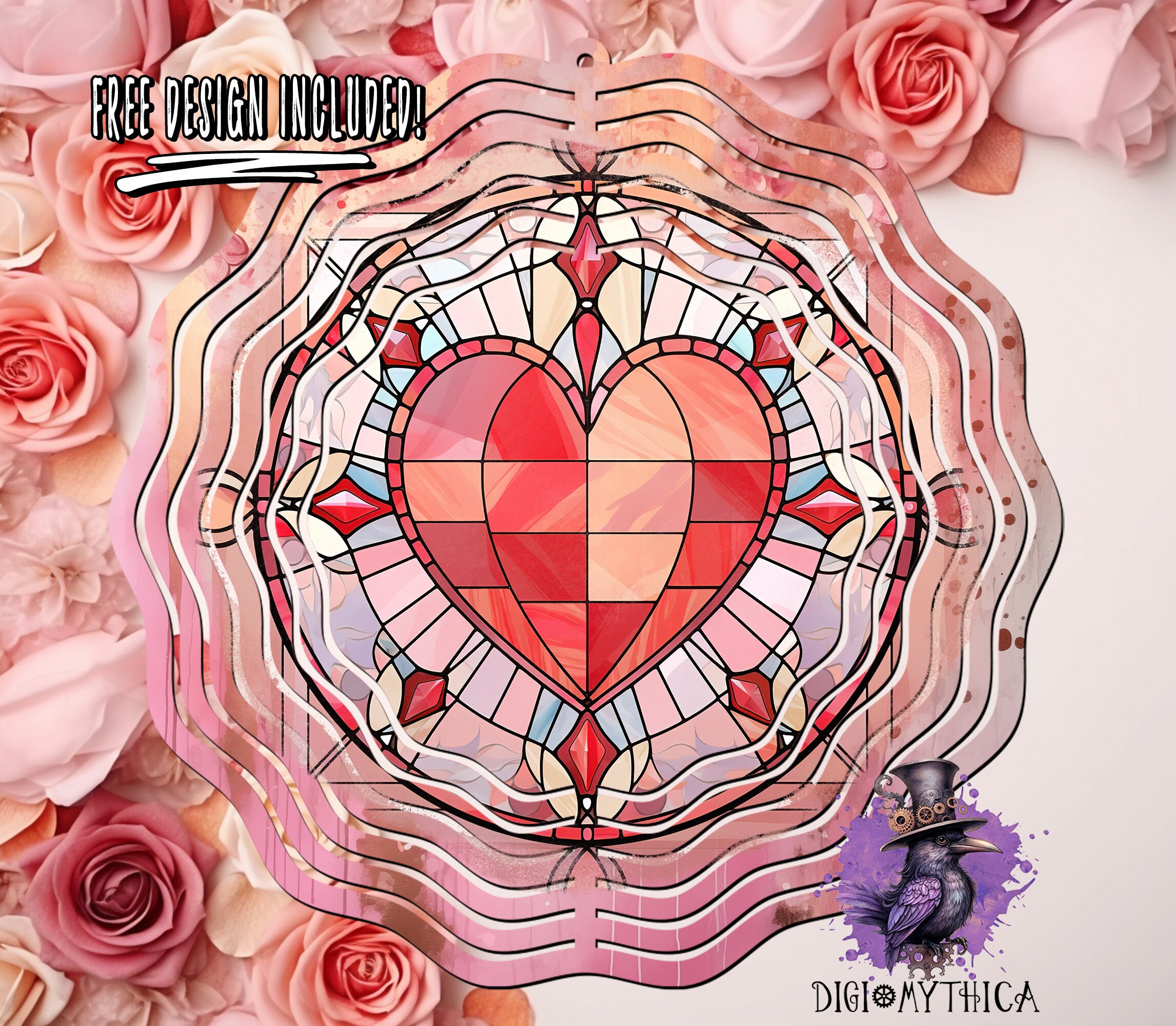 Valentine Wind Spinner Png, 10 in Stained Glass Windspinner Design, Faux Stain Glass Sublimation Graphics, Garden Instant Digital Download