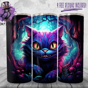 Alice no país das maravilhas Tumbler Wrap Png, 20 onças Cheshire Cat Tumbler Design de fundo, gráficos de sublimação de conto de fadas, download instantâneo roxo