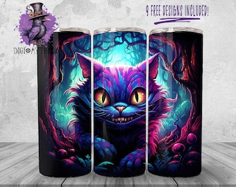 Alice In Wonderland Tumbler Wrap Png, 20 oz Cheshire Cat Tumbler Background Design, Fairytale Sublimation Graphics, Purple Instant Download
