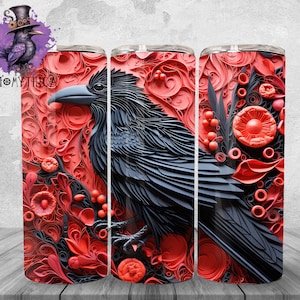 May include: A black raven with red and black paper quilling designs on a tumbler. The raven is perched on a branch with red paper quilling flowers.