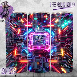 May include: A seamless pattern of colorful neon lights on a black background. The lights are arranged in a circuit board pattern, creating a futuristic and abstract design. This design is perfect for a tumbler or other sublimation projects.