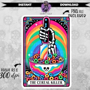 Arquivo PNG de carta de tarô Cereal Killer, download de sublimação PNG de cartas de tarô, design engraçado de oráculo para camisetas, sacolas, adesivos e muito mais.