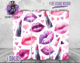 Tumbler Wrap Png 20oz Valentines Day Tumbler Design, Makeup Artist Sublimation Design, Seamless Lip Hearts Cup Image, Valentine Gift Idea