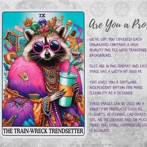 Puede incluir: Una ilustraci&oacute;n digital de un mapache con un abrigo de piel rosa, gafas de sol y un collar de oro. El mapache est&aacute; sosteniendo una taza azul y blanca con una pajita. La imagen est&aacute; sobre un fondo colorido con el texto "The Train-Wreck Trendsetter" en la parte inferior. El texto "Are You a Pro?" est&aacute; en la esquina superior derecha de la imagen.