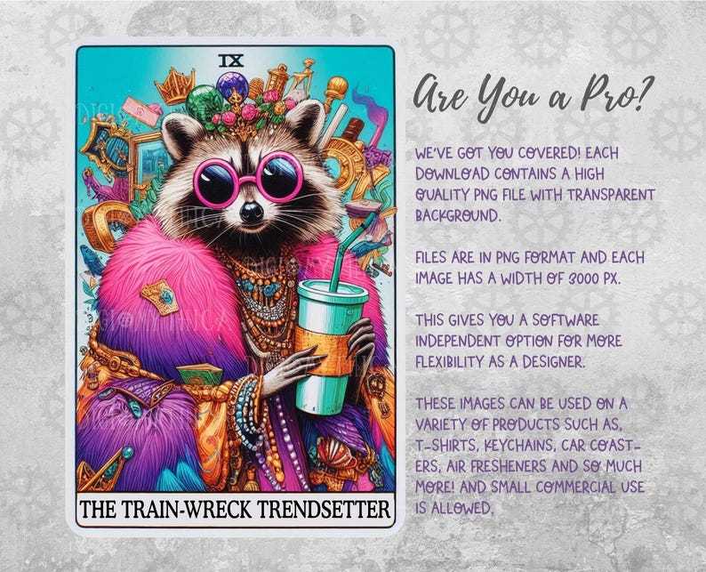 Puede incluir: Una ilustraci&oacute;n digital de un mapache con un abrigo de piel rosa, gafas de sol y un collar de oro. El mapache est&aacute; sosteniendo una taza azul y blanca con una pajita. La imagen est&aacute; sobre un fondo colorido con el texto "The Train-Wreck Trendsetter" en la parte inferior. El texto "Are You a Pro?" est&aacute; en la esquina superior derecha de la imagen.