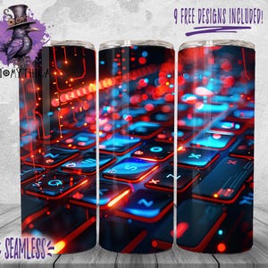 Puede incluir: Un diseño de sublimación que presenta un primer plano de un teclado de computadora con luces rojas y azules brillantes. El diseño es sin costuras y se puede utilizar para varios proyectos, como vasos, tazas y fundas de teléfono.