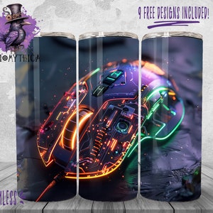 May include: Three stainless steel tumblers, each with a 590ml capacity, showcasing a gaming mouse design with neon orange, green, and blue details. The tumblers display the text "9 FREE DESIGNS INCLUDED!" and "DIGIMYTHICA".