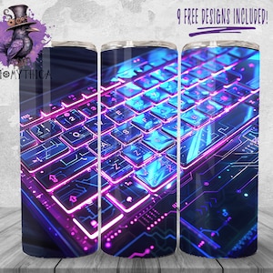 May include: A close-up of a laptop keyboard with glowing pink and blue lights. The keyboard is made of black plastic and has a metallic finish. The keys are arranged in a standard QWERTY layout.