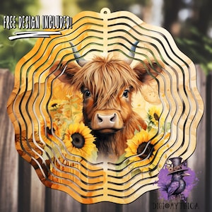 Highland Cow Wind Spinner Png, 10 dans Cow Lover Windspinner Design, Tournesol Sublimation Graphics, Aquarelle Téléchargement numérique instantané