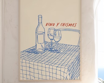 Illustration av vinflaska | Väggkonst för restaurang | Spansk by | Köksinredning | Vincitat | Matsal | Bistroinredning | Semesterstämningar