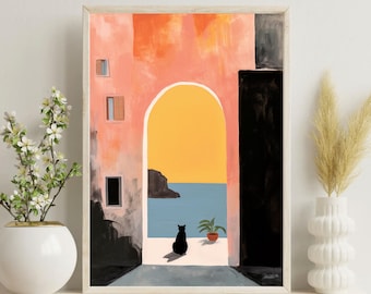 Väggkonst med italiensk kust | Abstrakt kustbyposter | Solnedgångslandskapposter | Varm medelhavsheminredning | Lugnande sommarkonst