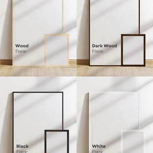 Pu&ograve; includere: Quattro stampe artistiche incorniciate in diversi colori: legno, legno scuro, nero e bianco. Ogni cornice ha un interno bianco e viene presentata con una cornice pi&ugrave; piccola abbinata. Il testo sulle cornici recita "Wood Frame", "Dark Wood Frame", "Black Frame" e "White Frame".