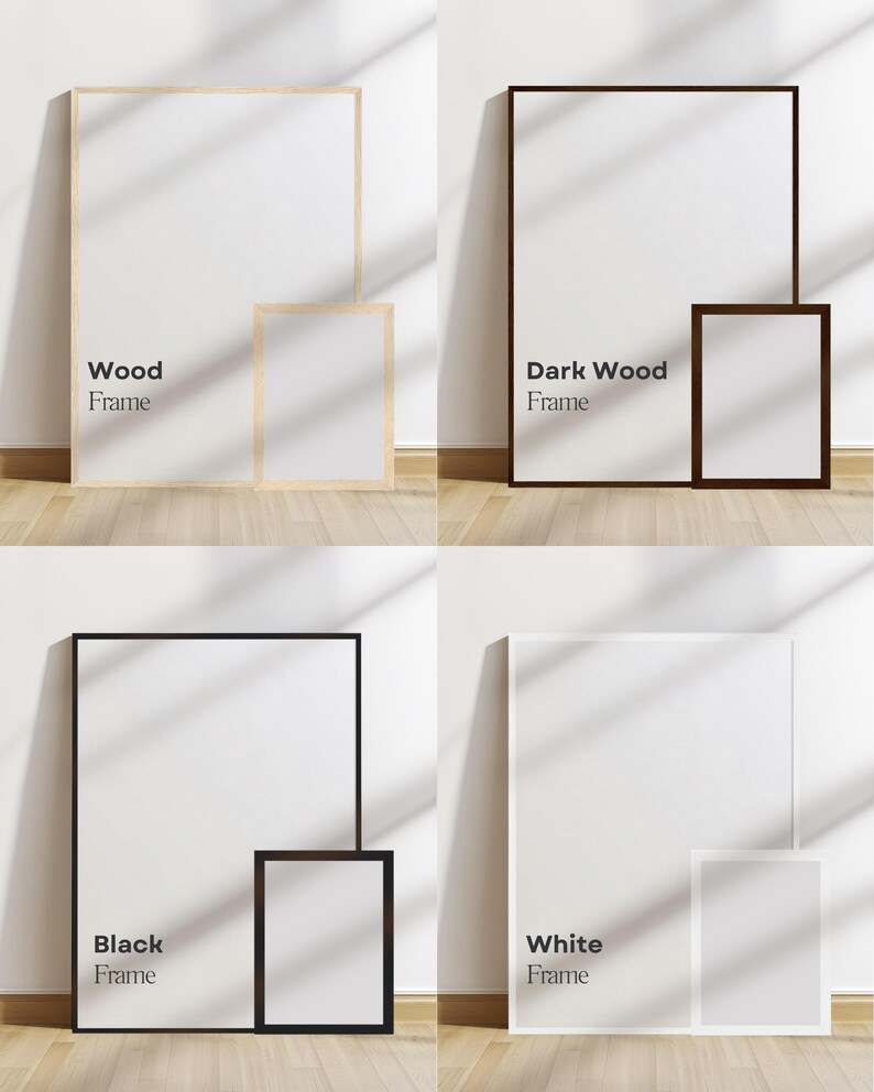 Pu&ograve; includere: Quattro stampe artistiche incorniciate in diversi colori: legno, legno scuro, nero e bianco. Ogni cornice ha un interno bianco e viene presentata con una cornice pi&ugrave; piccola abbinata. Il testo sulle cornici recita "Wood Frame", "Dark Wood Frame", "Black Frame" e "White Frame".