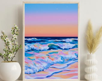 Solnedgångsstrandposter | Kustkonst | Sommarsolnedgångstryck | Lugnande kustkonst | Italiensk kustsolnedgång | Fridfull strandväggkonst
