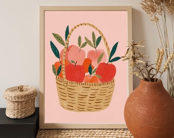 Äppelkorgsaffisch | Konst med bondens marknad | Illustration av färsk frukt | Affisch för marknadsdagen | Färska äpplen från gården | Höstkök | Vintagemarknad
