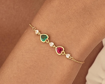 Custom Heart Birthstone Bracelet, Minimalist Gemstone Bracelet, Family Gift for Grandma, Anniversary Gift, Christmas Gift, Birthstones Gift