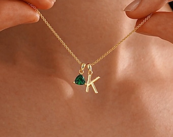 Personalized Birthstone Initial Necklace, Custom Letter Necklace with Birthstone, Gold Necklace for Mom, Birthday Gift, Mothers Gift for Her
