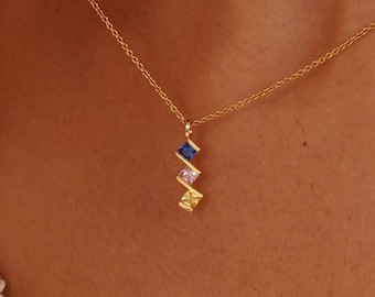 Personalized Family Birthstone Necklace,  Multi Birthstone Necklaces, Gold Square Birthstone Necklace, Birthstone Jewelry, Mothers Day Gift