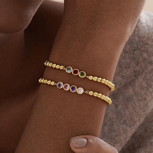 Stacking Beaded Birthstone Bracelet, Family Birthstone Bracelet, Minimalist Charm Women Bracelet, Gifts for Grandma, Christmas Gifts for Her