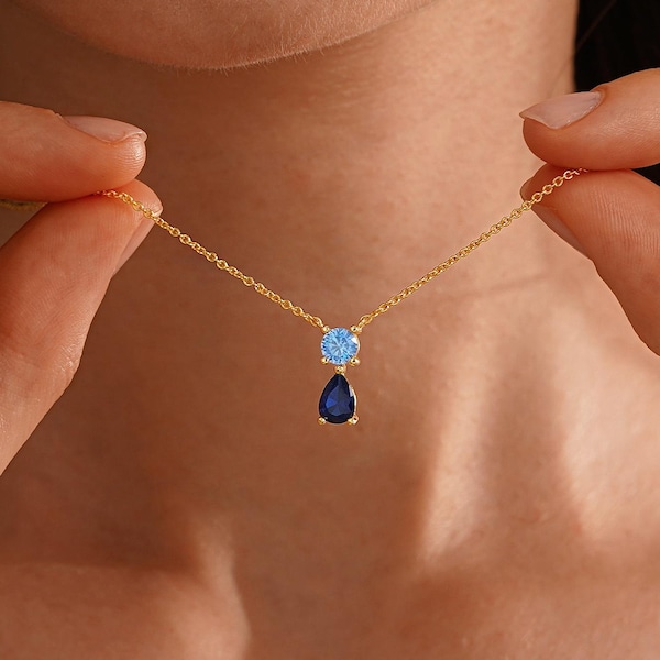 Two Birthstone Pendant Necklace, Personalized Birthstone Necklace, Meaningful Gifts for Mom, Personalized Birthstone Jewelry, Gift for Her