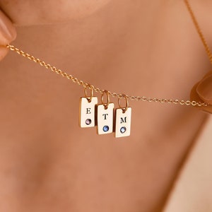 Collier étiquette initiale pierre de naissance, collier lettre gravée avec pierre de naissance, collier initiale étiquette famille pour maman, cadeau de mère pour elle