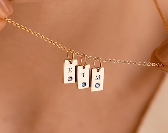 Birthstone Initial Tag Necklace, Engraved Letter Necklace with Birthstone, Family Tag Initial Necklace for Mom,  Mothers Gift for Her