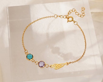 Ängelvingearmband med födelsesten, armband med minnesvingar för mamma, personligt armband för kvinnor, smycken för missfall, smycken för förlust av spädbarn