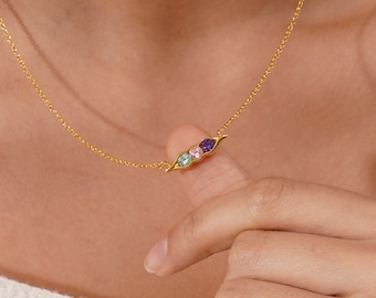 Collar de piedra de nacimiento de guisantes en una vaina, collar de piedra de nacimiento familiar personalizado, collar de piedras de nacimiento múltiples, regalo de dama de honor, regalos del Día de las Madres