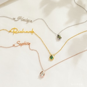 Personalised Name Necklace with Birthstone, Sideways Name Necklace, Gold Name Necklace for Women, Birthday Gift for Her, Mothers Day Gift