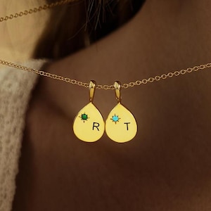 Custom Birthstone Initial Tag Necklace, Engraved Letter Necklace with Birthstone, Family Tag Initial Necklace for Mom,Christmas Gift for Her