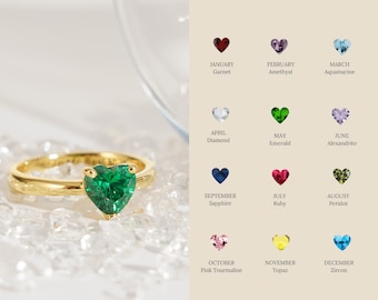 Anillo delicado con forma de corazón y piedra natal, anillo con una sola piedra natal, anillo sencillo con piedra natal para mamá, anillo minimalista, regalo personalizado para el Día de la Madre
