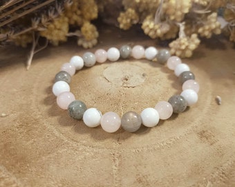 Bracelet APAISEMENT et EQUILIBRE pour Homme et Femme en Quartz Rose Howlite et Labradorite en Pierre Naturelle