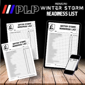 以下が含まれることがあります： PrepLife Proのロゴが付いた、「冬の嵐への備えリスト」というタイトルの白黒の印刷可能なチェックリスト。チェックリストには、非常食、水、その他の物資に関するセクションが含まれています。