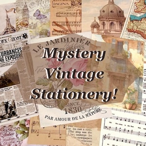 Può includere: Una collezione di carta da lettere in stile vintage con vari disegni stampati tra cui schizzi architettonici, spartiti musicali, vecchi ritagli di giornale, mappe e illustrazioni floreali in tenui tonalità seppia e crema.