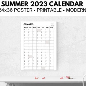 May include: A black and white printable summer calendar for 2023. The calendar is designed in a modern style and is 24 inches by 36 inches. The calendar shows the months of June, July, and August.