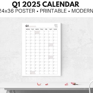 Aesthetic Printable Q1 2025 Monday Start Calendar, Family Calendar, Instant Download, First Quarter, Giant Planner, January-March, Minimal