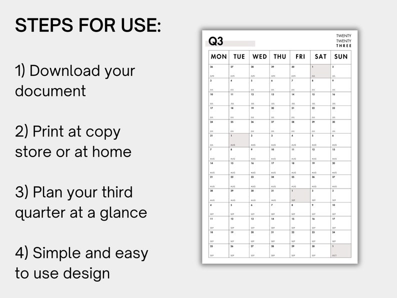 Minimalist Printable Q3 2023 Calendar Poster Family Calendar Etsy