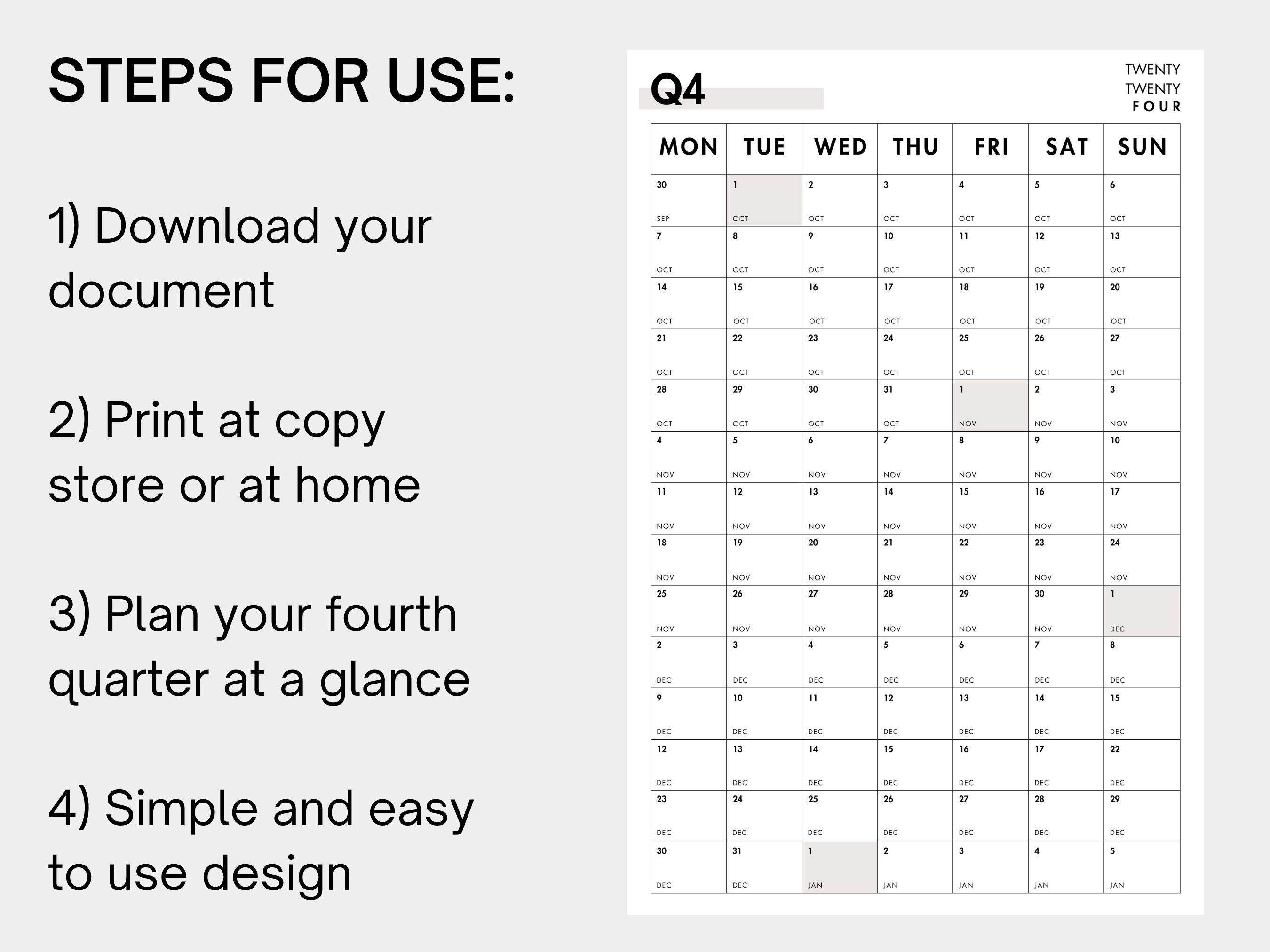 Aesthetic Printable Q4 2024 Monday Start Calendar, Family Calendar, Instant Download, Fourth ...