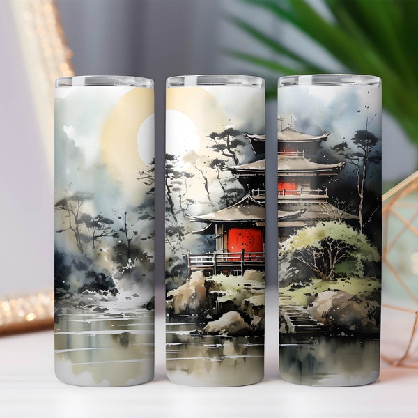 Japanese Pagoda Sumi-e art, 20 oz Skinny Tumbler Sublimation Design, Instant Digital Download PNG, Straight & Tapered Tumbler Wrap PNG