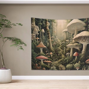 May include: A tapestry featuring a whimsical forest scene with a variety of mushrooms in various sizes and colors. The mushrooms are depicted in a realistic style, with intricate details and textures. The background is a lush green forest with a path leading into the distance.