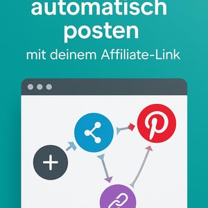 Puede incluir: Gráfico que promociona la publicación automática de Pines de Pinterest con un enlace de afiliado. La imagen presenta un cuadro blanco con un signo más, un icono azul, el logotipo rojo de Pinterest y un icono de enlace morado, todos conectados por flechas.