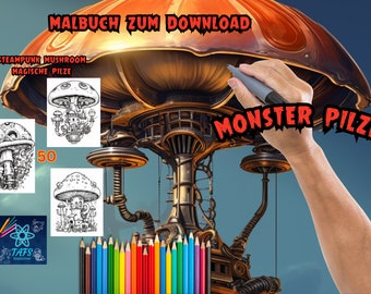 Libro para colorear steampunk con casas en forma de hongo únicas para colorear. Libro para colorear creativo: descubre el mundo de las casas en forma de hongo steampunk.