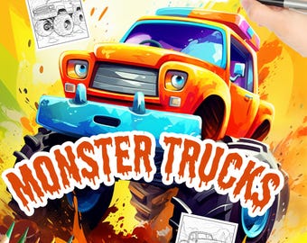 120 páginas para colorear de Monster Trucks para imprimir – Dibujos geniales para colorear para niños – Libro para colorear de camiones todoterreno en PDF – Vehículos – Descarga digital