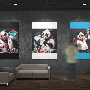 May include: Three framed illustrations of pandas wearing lab coats and glasses, performing science experiments with beakers and flasks. The illustrations are displayed on a gray wall with a concrete texture. The pandas are surrounded by colorful liquids and scientific equipment.