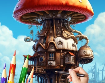 Libro para colorear de hongos Steampunk: ¡Descubre el maravilloso mundo mecánico de los hongos! - Un fantástico libro para colorear en formato PDF para descargar e imprimir - Ir