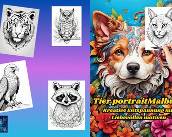 ¡Descubre la magia de los retratos de animales! con 80 fascinantes motivos de animales #Tafscoloring books #Tafsdesign #plantillas para colorear para imprimir y colorear